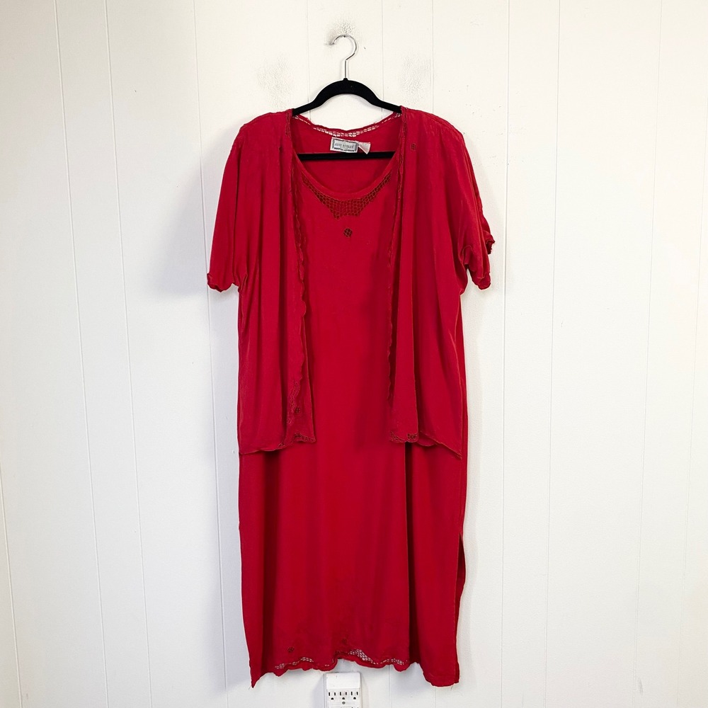 Jane Ashley Woman Red Embroidered Rayon Dress & Attached Cardigan Set Size 22/24